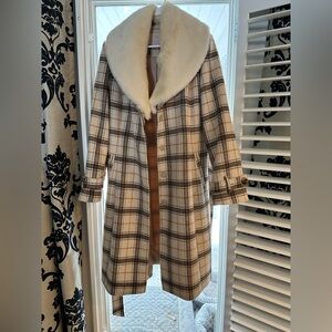 Gal Meets Glam Brown Ivory Plaid Women's Coat with Faux Fur Collar